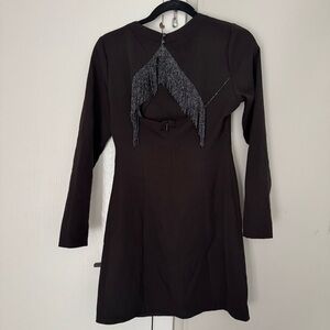 Chic Long Sleeve Black Dress with Silver Details